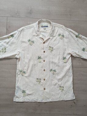 Kahala Hawaiian Aloha Shirt Men's L 100% Silk Pineapple Embroidered Palm Trees